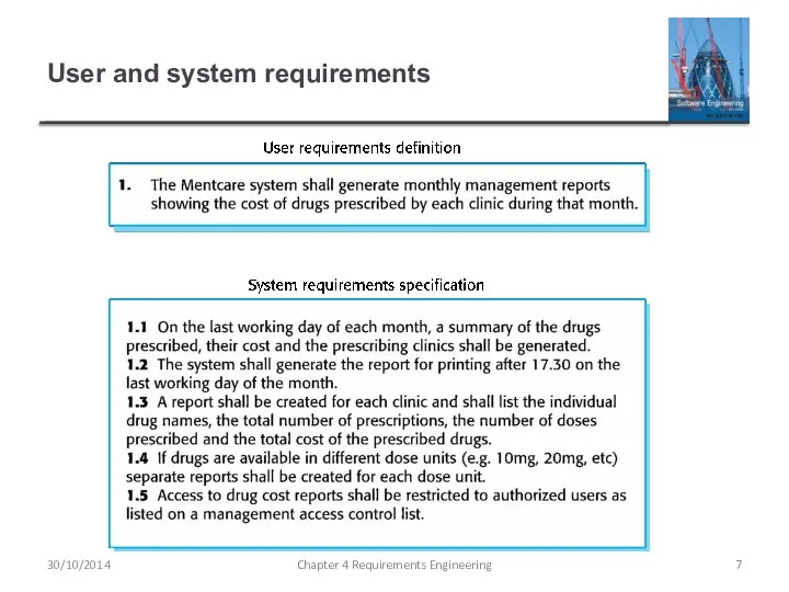 User and system requirements Chapter 4 Requirements Engineering 30/10/2014