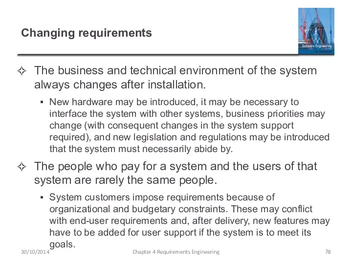 Changing requirements The business and technical environment of the system always