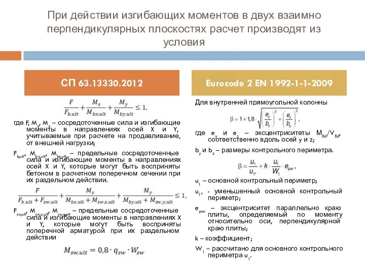 При действии изгибающих моментов в двух взаимно перпендикулярных плоскостях расчет производят