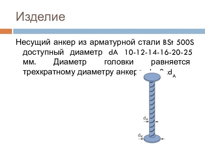 Изделие Несущий анкер из арматурной стали BSt 500S доступный диаметр dA