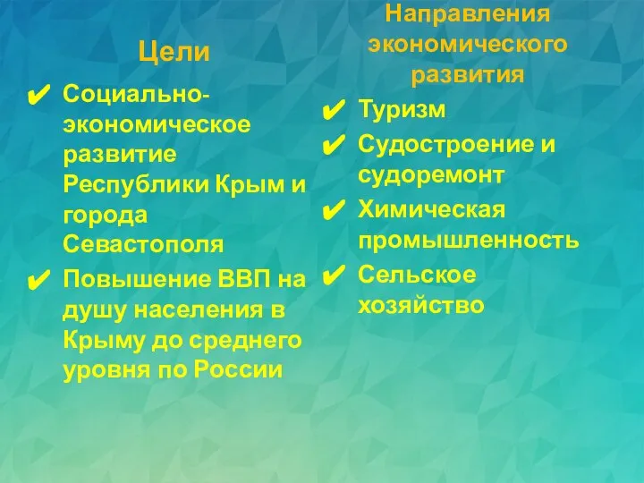 Цели Социально-экономическое развитие Республики Крым и города Севастополя Повышение ВВП на