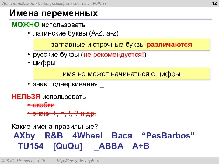 Имена переменных МОЖНО использовать латинские буквы (A-Z, a-z) русские буквы (не