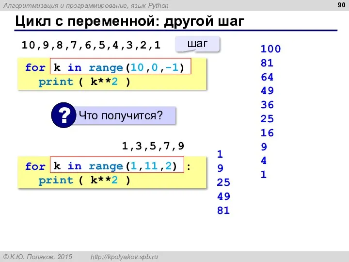 Цикл с переменной: другой шаг 100 81 64 49 36 25