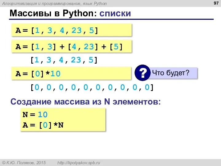 Массивы в Python: списки A = [1, 3, 4, 23, 5]