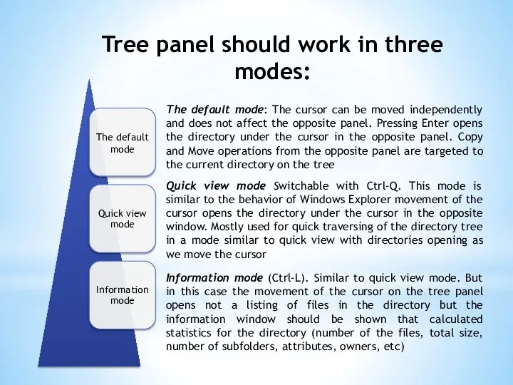 Tree panel should work in three modes: The default mode: The