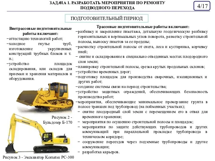 ЗАДАЧА 1. РАЗРАБОТАТЬ МЕРОПРИЯТИЯ ПО РЕМОНТУ ПОДВОДНОГО ПЕРЕХОДА /17 ПОДГОТОВИТЕЛЬНЫЙ ПЕРИОД