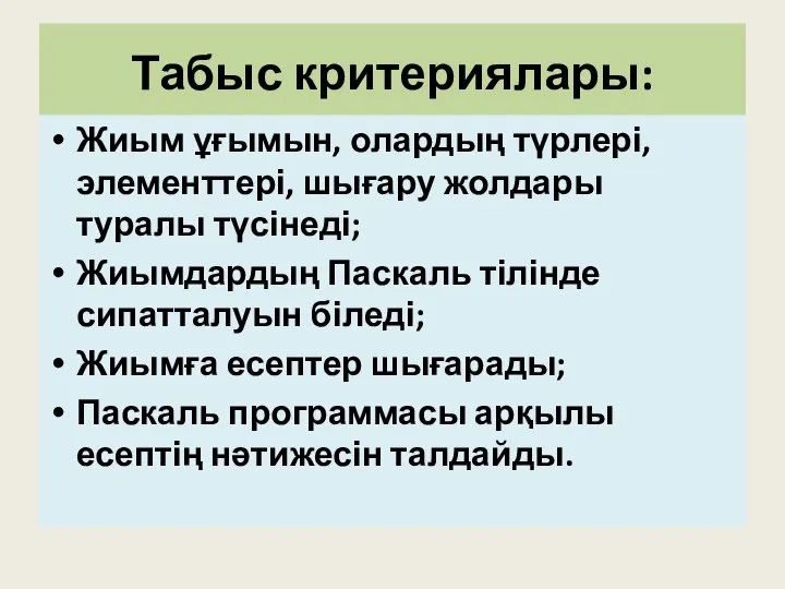 Табыс критериялары: Жиым ұғымын, олардың түрлері, элементтері, шығару жолдары туралы түсінеді;