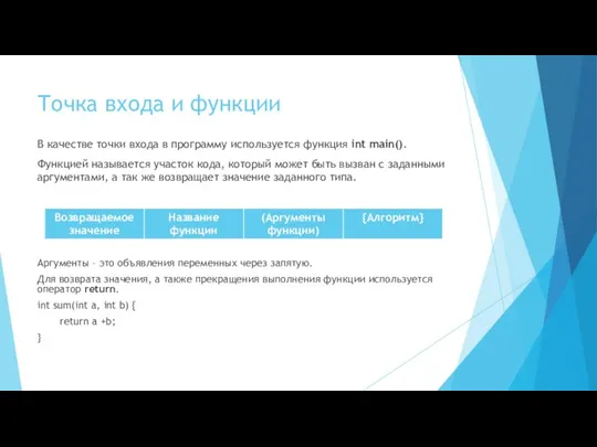 Точка входа и функции В качестве точки входа в программу используется