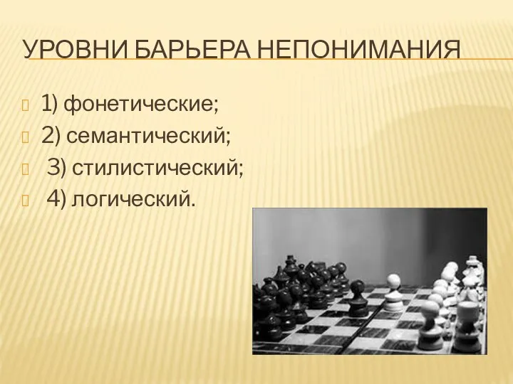 УРОВНИ БАРЬЕРА НЕПОНИМАНИЯ 1) фонетические; 2) семантический; 3) стилистический; 4) логический.