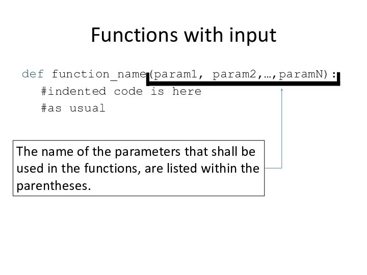 Functions with input def function_name(param1, param2,…,paramN): #indented code is here #as