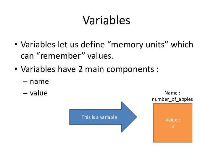 Variables Variables let us define “memory units” which can “remember” values.