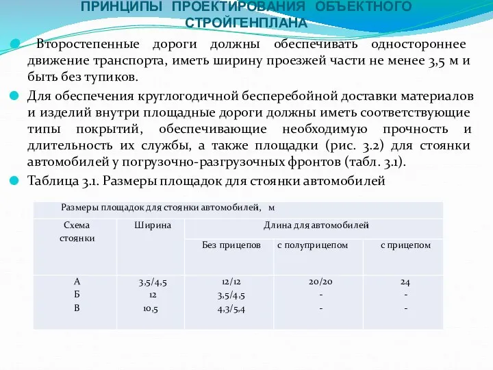 ПРИНЦИПЫ ПРОЕКТИРОВАНИЯ ОБЪЕКТНОГО СТРОЙГЕНПЛАНА Второстепенные дороги должны обеспечивать одностороннее движение транспорта,