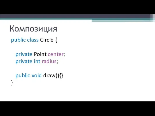 Композиция public class Circle { private Point center; private int radius; public void draw(){} }