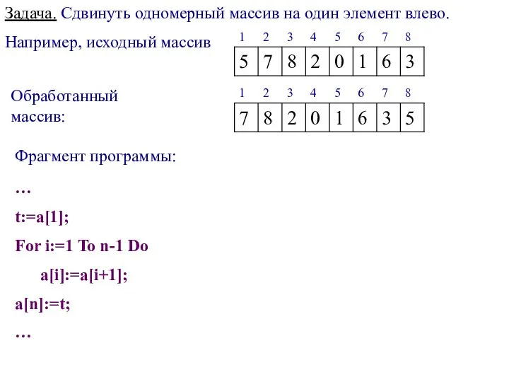 Задача. Сдвинуть одномерный массив на один элемент влево. Например, исходный массив