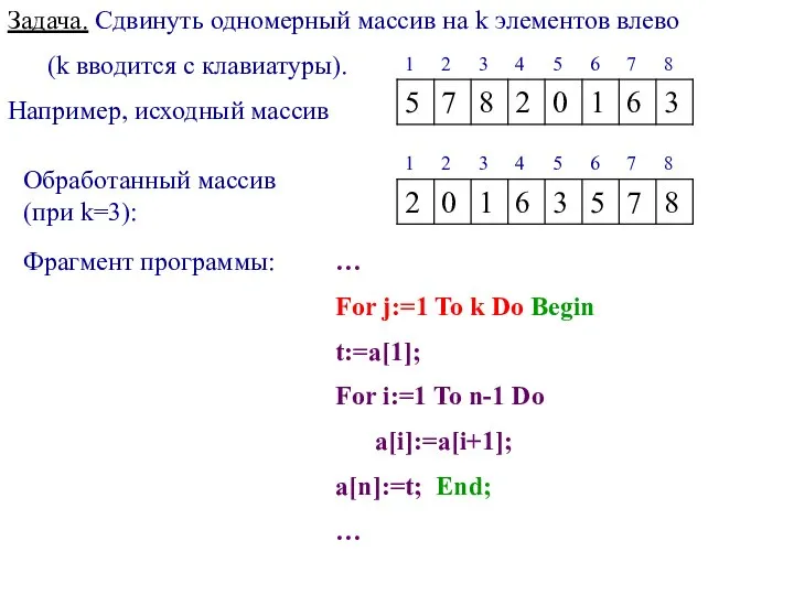 Задача. Сдвинуть одномерный массив на k элементов влево (k вводится с