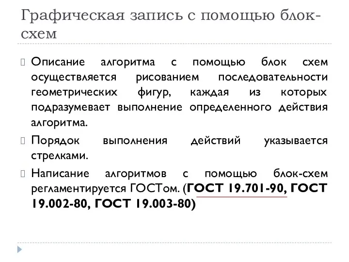 Графическая запись с помощью блок-схем Описание алгоритма с помощью блок схем