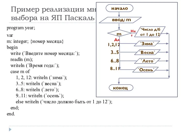 Пример реализации множественного выбора на ЯП Паскаль program year; var m: