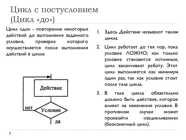 Здесь Действие называют телом цикла. Цикл работает до тех пор, пока