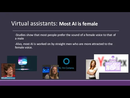 Virtual assistants: Most AI is female -Studies show that most people