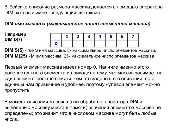 В Бейсике описание размера массива делается с помощью оператора DIM, который