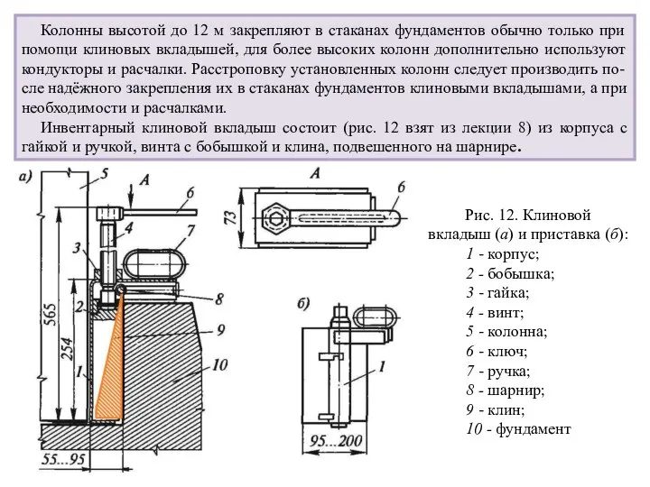 Колонны высотой до 12 м закрепляют в стаканах фундаментов обычно только