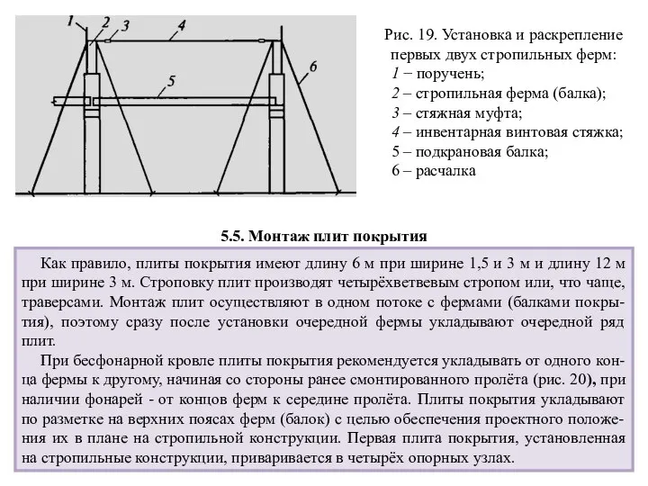 Рис. 19. Установка и раскрепление первых двух стропильных ферм: 1 −