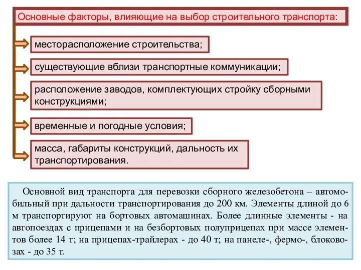 Основные факторы, влияющие на выбор строительного транспорта: месторасположение строительства; существующие вблизи