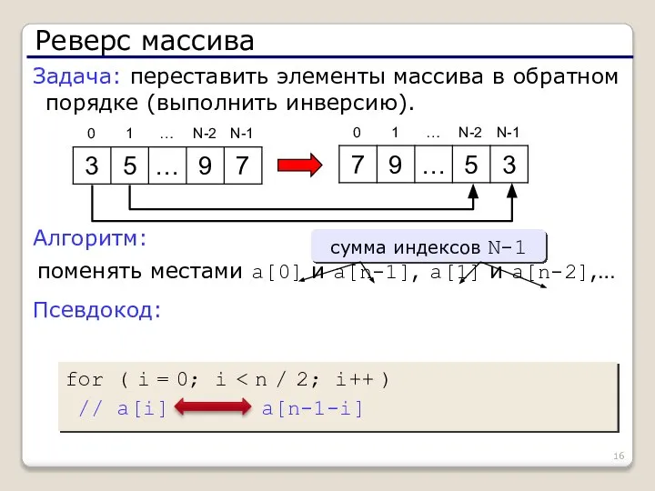 Реверс массива Задача: переставить элементы массива в обратном порядке (выполнить инверсию).