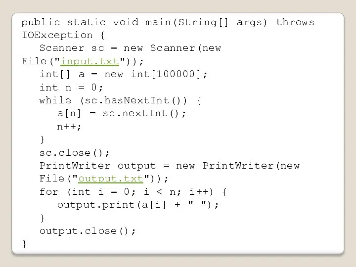 public static void main(String[] args) throws IOException { Scanner sc =