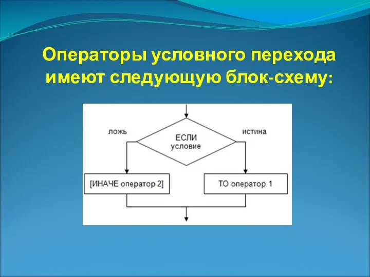 Операторы условного перехода имеют следующую блок-схему: