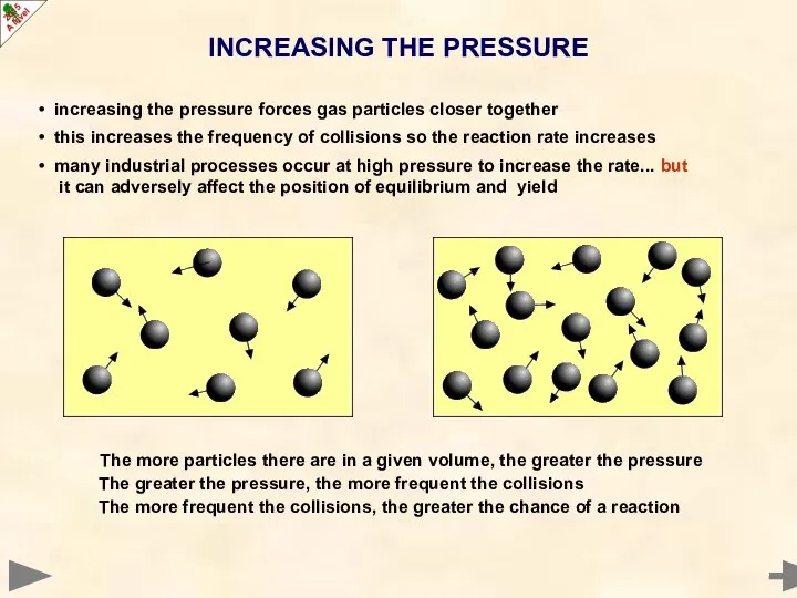 increasing the pressure forces gas particles closer together this increases the