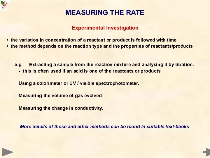 Experimental Investigation the variation in concentration of a reactant or product