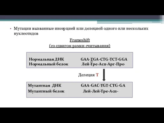 Мутации вызванные инсерцией или делецией одного или нескольких нуклеотидов Нормальная ДНК