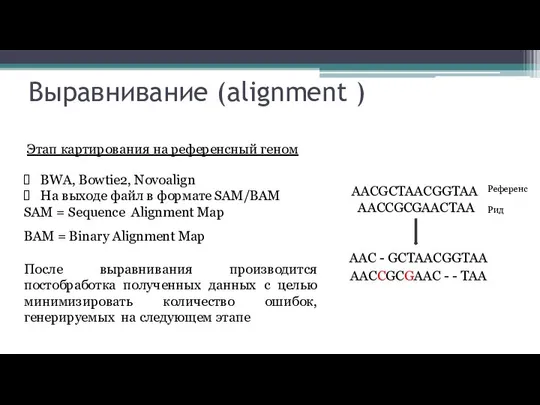 Выравнивание (alignment ) AAC - GCTAACGGTAA AACCGCGAAC - - TAA AACGCTAACGGTAA