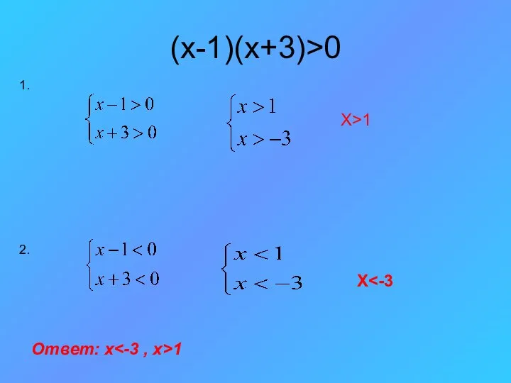 (x-1)(x+3)>0 X>1 1. 2. X Ответ: x 1