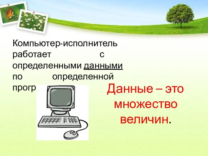 Данные – это множество величин. Компьютер-исполнитель работает с определенными данными по определенной программе.