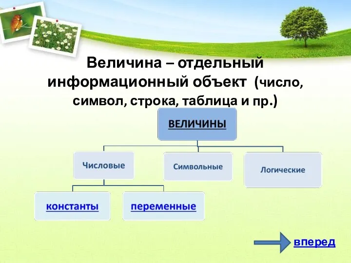 Величина – отдельный информационный объект (число, символ, строка, таблица и пр.) вперед