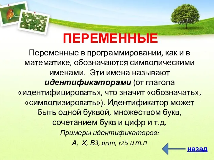 ПЕРЕМЕННЫЕ Переменные в программировании, как и в математике, обозначаются символическими именами.