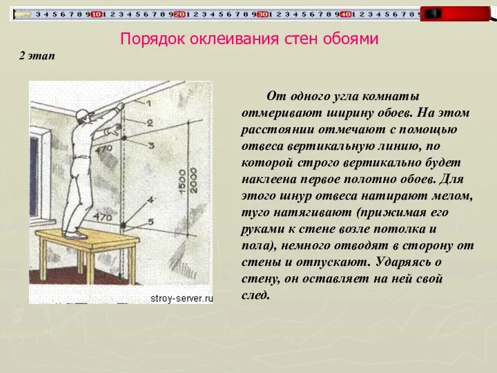 Порядок оклеивания стен обоями 2 этап От одного угла комнаты отмеривают