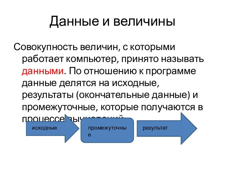 Данные и величины Совокупность величин, с которыми работает компьютер, принято называть