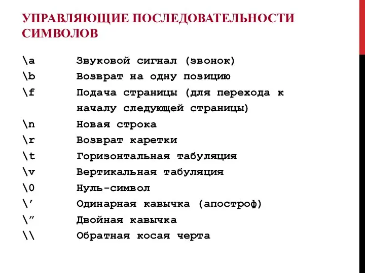 УПРАВЛЯЮЩИЕ ПОСЛЕДОВАТЕЛЬНОСТИ СИМВОЛОВ \а Звуковой сигнал (звонок) \b Возврат на одну