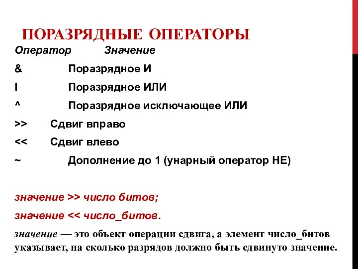 ПОРАЗРЯДНЫЕ ОПЕРАТОРЫ Оператор Значение & Поразрядное И I Поразрядное ИЛИ ^