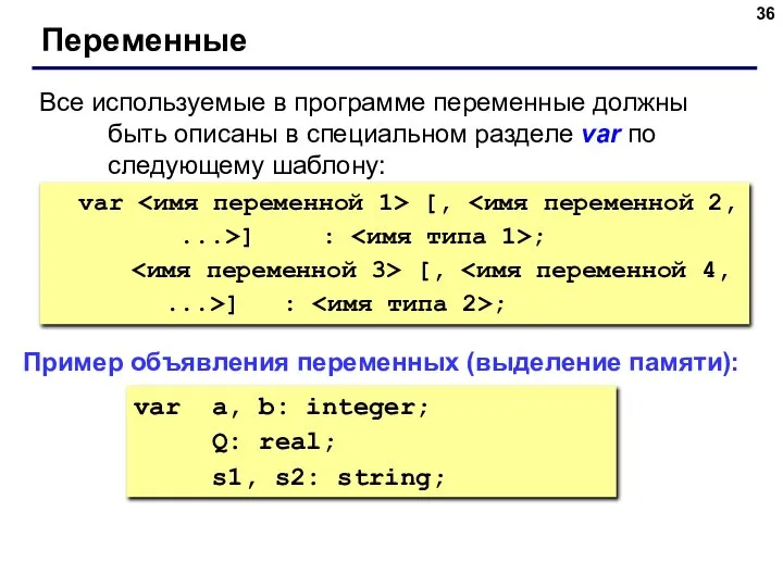 Переменные Все используемые в программе переменные должны быть описаны в специальном