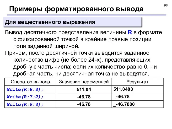 Примеры форматированного вывода Вывод десятичного представления величины R в формате с