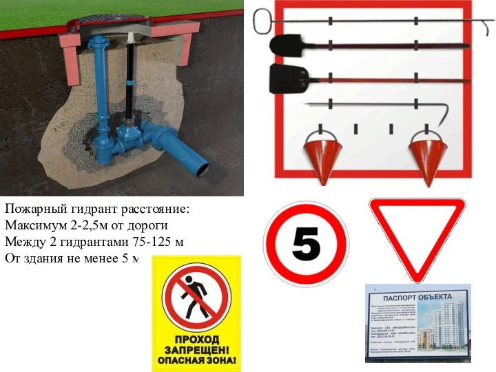 Пожарный гидрант расстояние: Максимум 2-2,5м от дороги Между 2 гидрантами 75-125