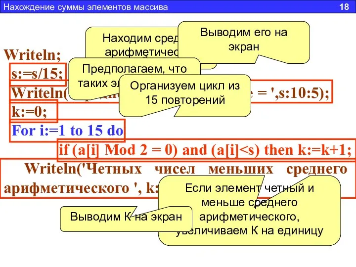 Writeln; s:=s/15; Writeln('Среднее арифметическое = ',s:10:5); k:=0; For i:=1 to 15