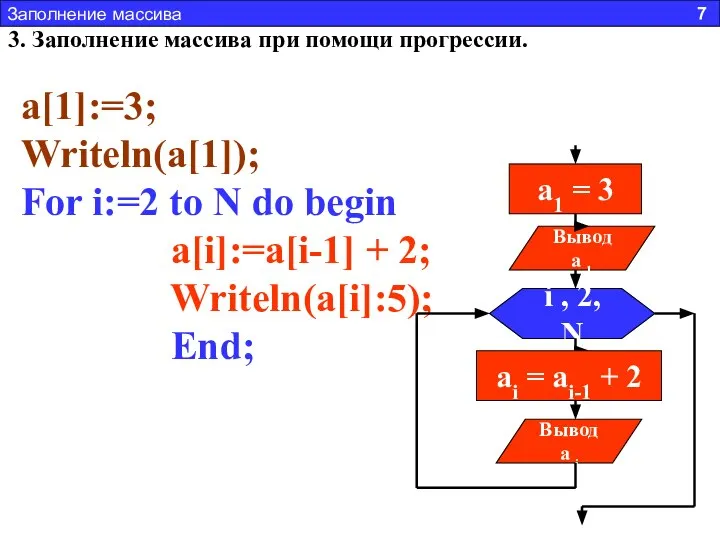 3. Заполнение массива при помощи прогрессии. Заполнить массив числами 3,5,7,9,11 и