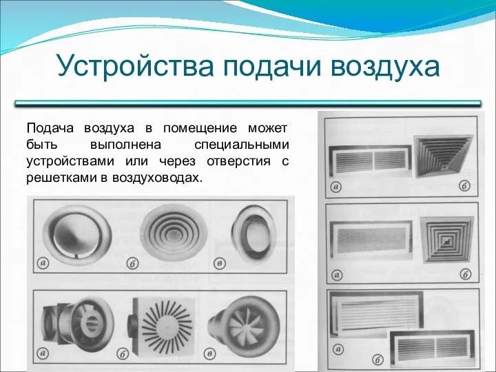 Устройства подачи воздуха Подача воздуха в помещение может быть выполнена специальными