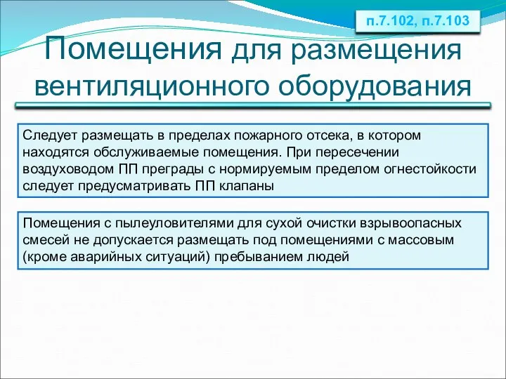 Помещения для размещения вентиляционного оборудования Следует размещать в пределах пожарного отсека,