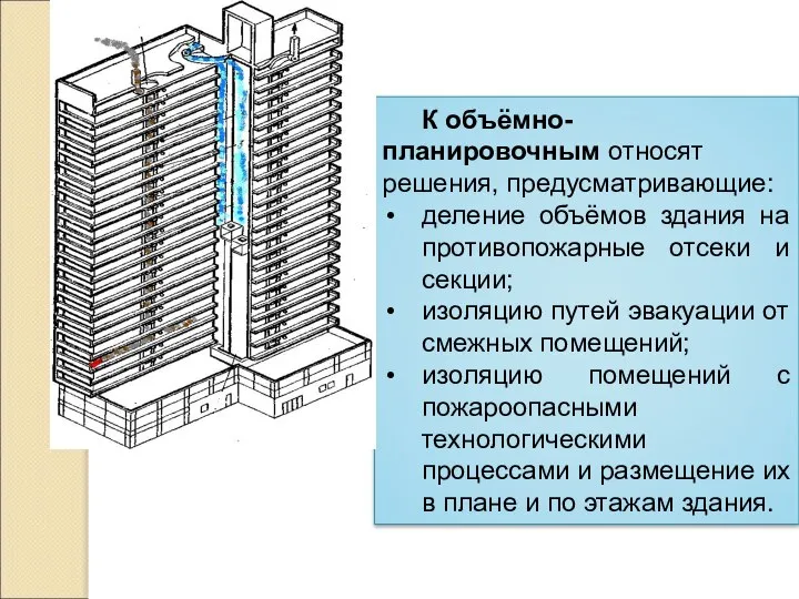 К объёмно-планировочным относят решения, предусматривающие: деление объёмов здания на противопожарные отсеки